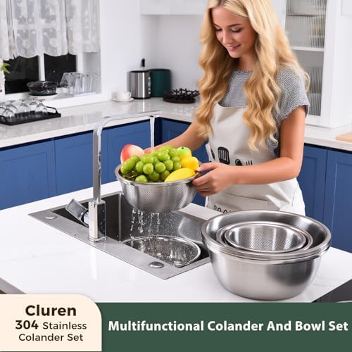 Colander and Bowl Set 6.0QT (2-in-1) - Thickened 304 Stainless Steel Kitchen Strainer Bowl for Fruit, Pasta, Vegetables, Rice - Heavy Duty, Induction Cooker & Dishwasher Safe