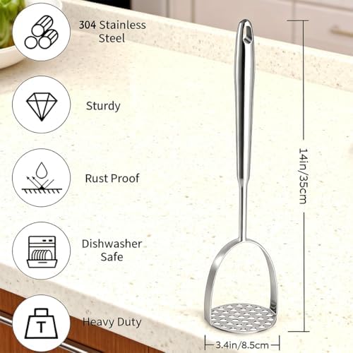 Stainless Steel Potato Masher, 14 in Length, Long Handle Design