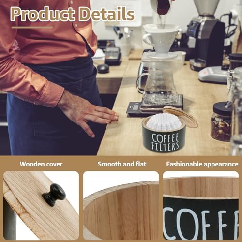 Coffee Filter Holder, Wooden Coffee Filter Storage with Lid, Round