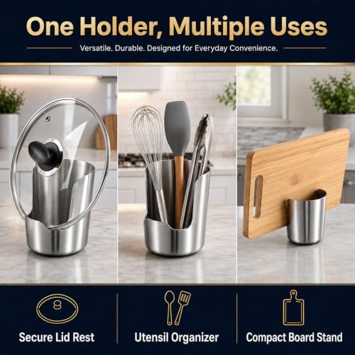 304 Stainless Steel Utensil Holder for Kitchen Countertop, Pot Lid &