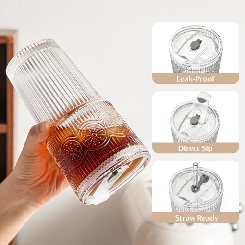 INSETLAN 20 oz Iced Coffee Cups with Lids and Straw, Set of 2 Glass