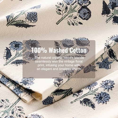 Block Print Floral Flour Sack Kitchen Towels Set of 2, Dusty Blue