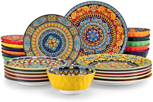 vancasso 24 Pieces Plates and Bowls Set, Bohemian Style Dinnerware Sets Service for 6, Porcelain Boho Dishes Set for Kitchen, Housewaring Gift, Dishwasher and Microwave Safe, Series KRVI