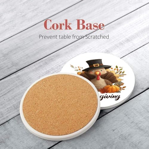 Thanksgiving Turkey Pumpkin Coasters Set of 6, Round Absorbent Ceramic