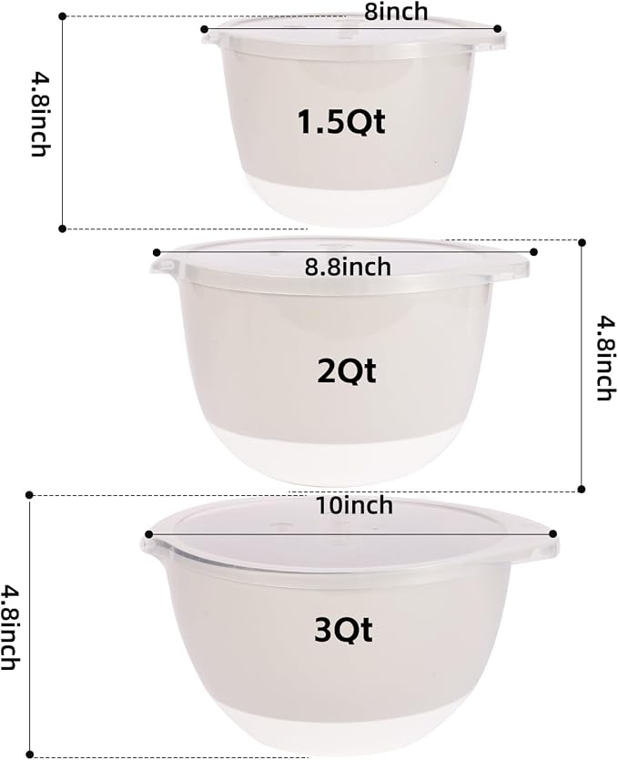 3 Plastic Mixing Bowls with Lids, Pour Spout, 4.8in Deep Baking Mixing Bowl Set - Image 3