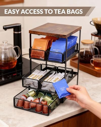 Tea Bag Organizer with 5 Drawers, Wooden & Metal Tea Storage Organizer