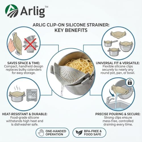 Arlig Clip On Pasta Strainer Silicone Universal Fit for all Pots and