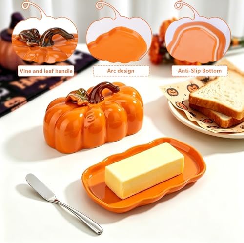 Butter Dish with Lid, Ceramic Halloween Pumpkin Butter Container