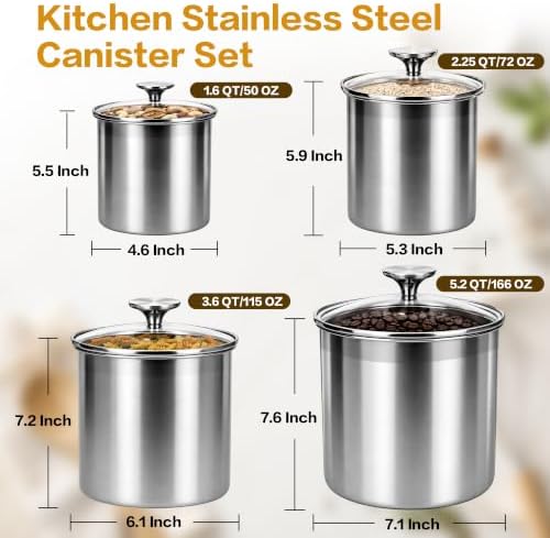 4-Pcs Stainless Steel Airtight Kitchen Canister Set with Glass Lid