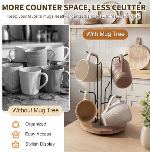 360° Rotating Coffee Mug Tree for Counter, Mug Holder with Wooden Base