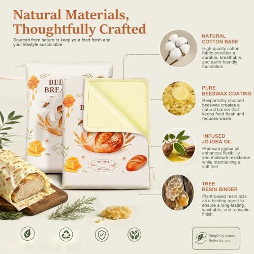 Reusable Beeswax Bread Bags & Wraps Set, 2 XL