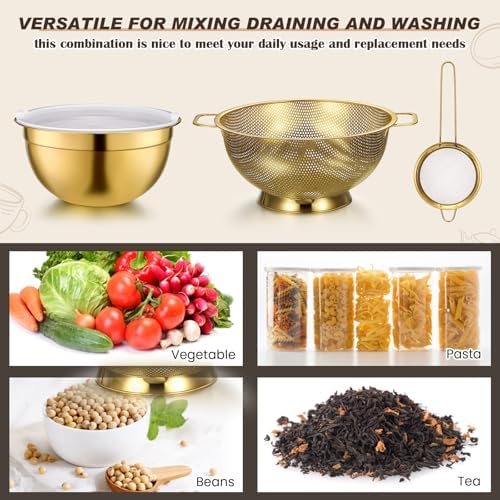 Baderke 6 Pcs Gold Kitchen Accessories Set Includes 3 Gold Mixing Bowls with Airtight Lids Stainless Steel Colander Grater Slicer and Fine Mesh Strainer (Mixing Bowls: 3.7/5/7 Qt, Colander: 5 Qt)