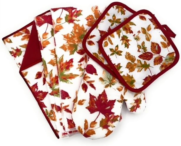 Sg6 Fall Leaves Kitchen Linen Set, 6 Pieces, 2 Towels, 2 Pot Holders