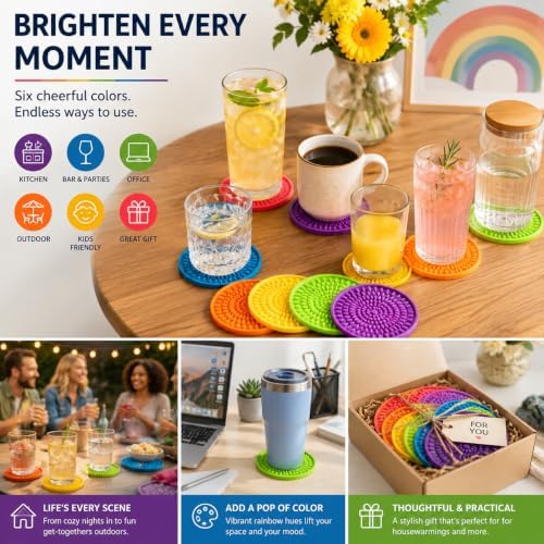Silicone Coasters for Drinks - Absorbent Rubber Coasters Set of 6