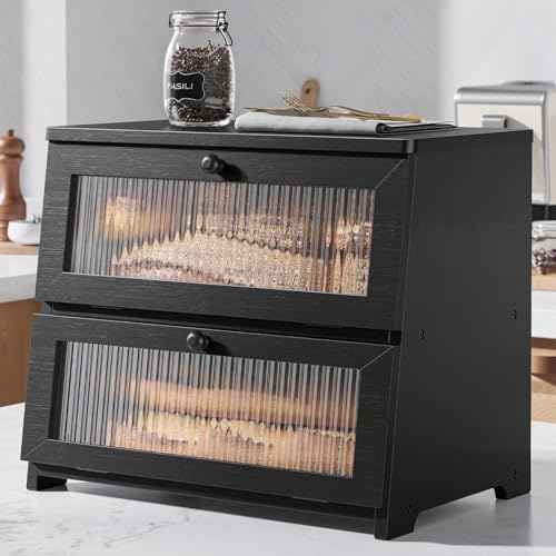 Kitsure Wooden Bread Box for Kitchen Countertop, 2-Tier, Black