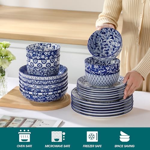 vancasso SELENE Plates and Bowls Set for 6, 24 Pieces Dinnerware Sets, Mircowave and Dishwasher Safe Dishes Set, Porcelain Blue Dinnerware