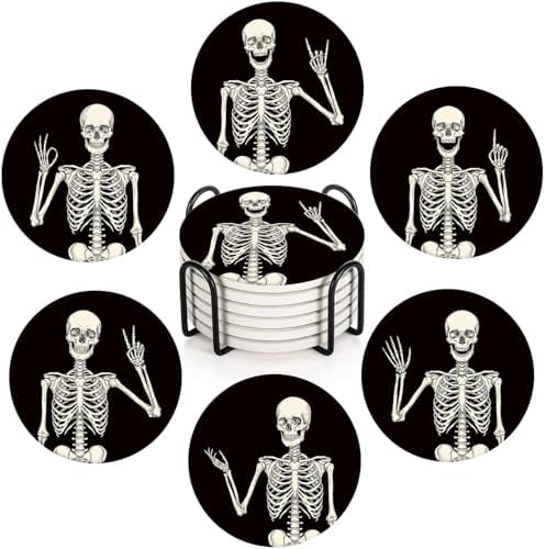 Britimes Coasters for Drinks, Set of 6, Ceramic Stone, Vintage Skull