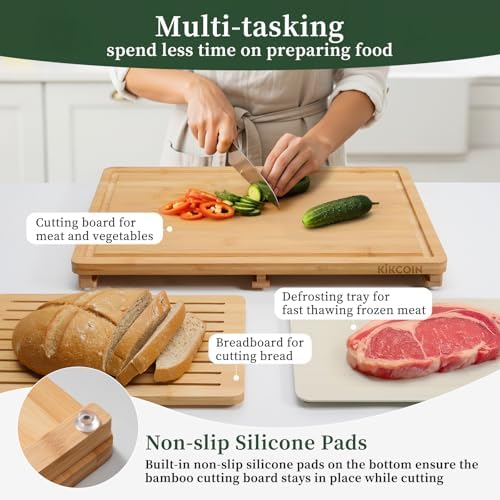Kikcoin Bamboo Cutting Board Set with Defrosting Tray, Wood Cutting