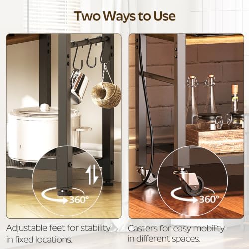 YATINEY Movable Bakers Rack with Charging Station, Rustic Brown