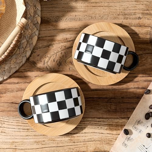 LUKA 6 Ounce Ceramic Stackable Black and White Checkered Espresso Cups