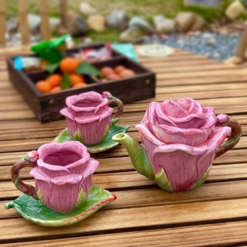 Ceramic Rose Tea Pot Set, 3D Hand-painted Rose Red Flower Cup and