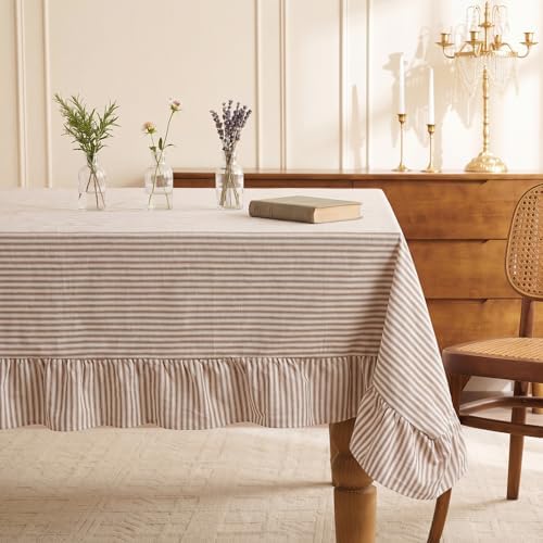 60 x 120 in Farmhouse Ruffle Striped Tablecloth, Cream Brown, Striped