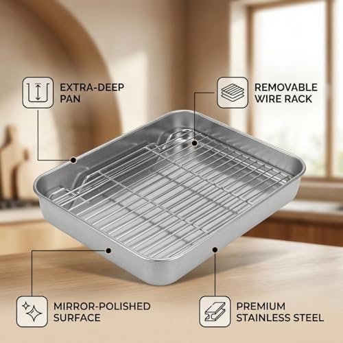 AUNMAS Roasting Pan with Rack, 9.25x6.9Inch Stainless Steel