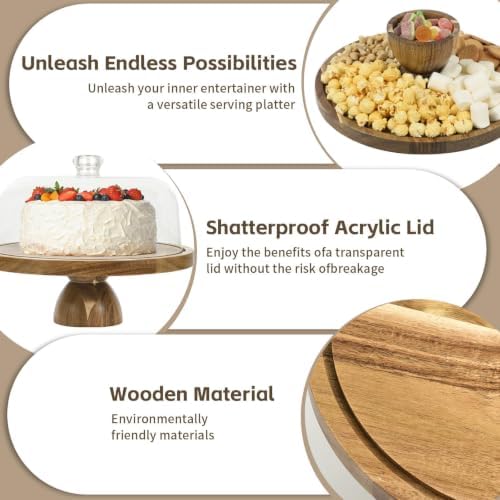 Acacia Wood Cake Stand with Acrylic Dome Lid,12 inch Round Dessert
