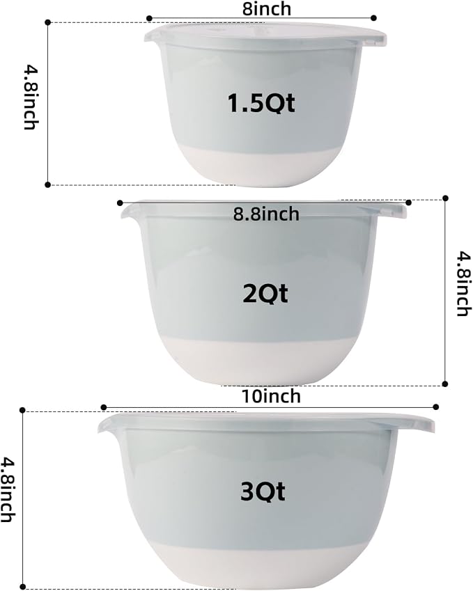 3 Plastic Mixing Bowls with Lids, Pour Spout, TPR Bottom, Mixing Bowl Set - Image 3