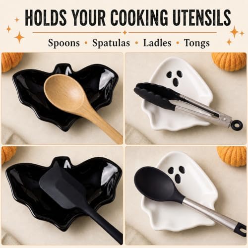 Rtteri 2 Pcs Ceramic Spoon Rest for Stove Top, Halloween Spoon Holder
