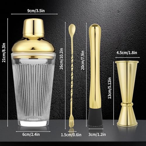Cocktail Shaker Set 17oz, Gold Glass Martini Shaker with Strainer &