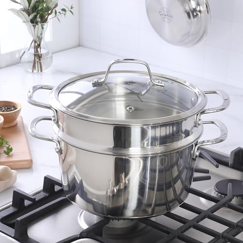 Sur La Table Kitchen Essentials Chef's Deck 3-Piece 5.3-Quart Stainless Steel Dutch Oven with Steamer Insert & Glass Lid – Induction Ready, Tri-Ply Base, Polished Finish & Hollow Stay-Cool Handles