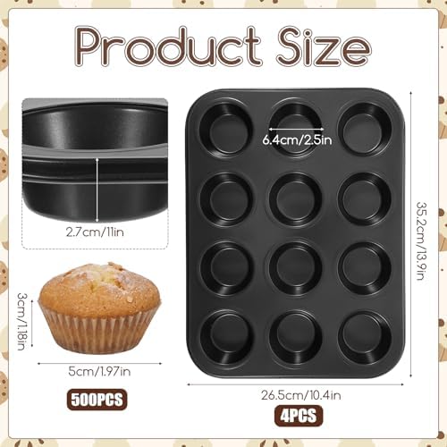 4 Pcs Muffin Pan for Baking, 12 Cup Nonstick Carbon Steel Cupcake Pan