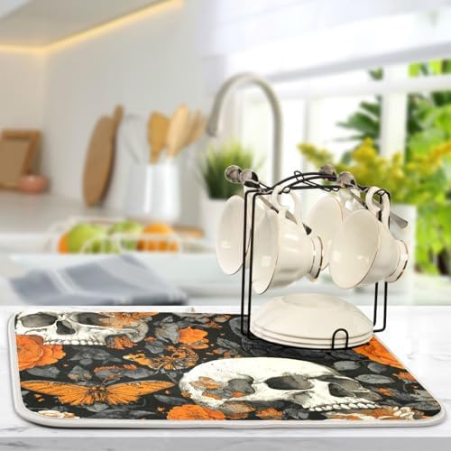 OTVEE Macabre Butterfly Art Dish Drying Mat for Kitchen Counter