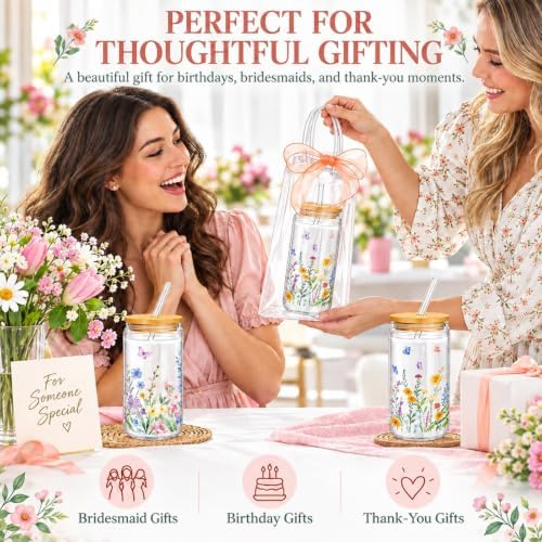 Mumufy 6 Sets Wildflower Cute Glass Cups with Lids and Straws Bulk