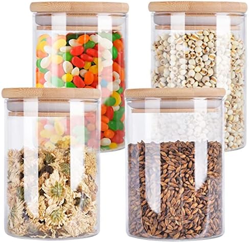 Aoeoe 4 Pack Glass Storage Jars with Airtight Bamboo Lid, 27 OZ Glass