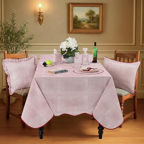 Ridhi Ruby Red Stripe Block Print Square Tablecloth 60x60 Inch