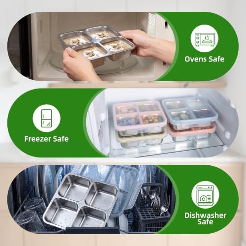 4 Pack Stainless Steel Snack Containers, 4 Compartments,24