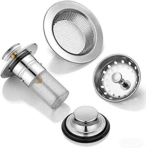 4-Piece Sink Drain Kit: Stainless Steel Strainer Stopper with Handle &