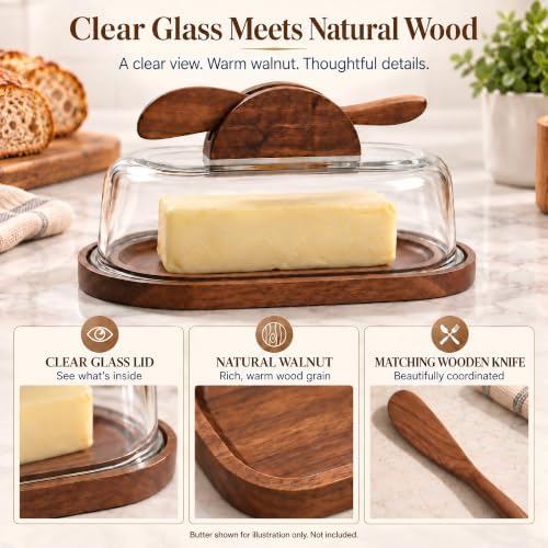 Glass Butter Dish with Lid & Knife, Acacia Wood Base