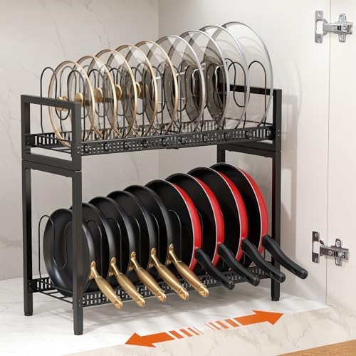 Housolution 2 Tier Expandable Pot and Pan Lid Organizer Holder Rack