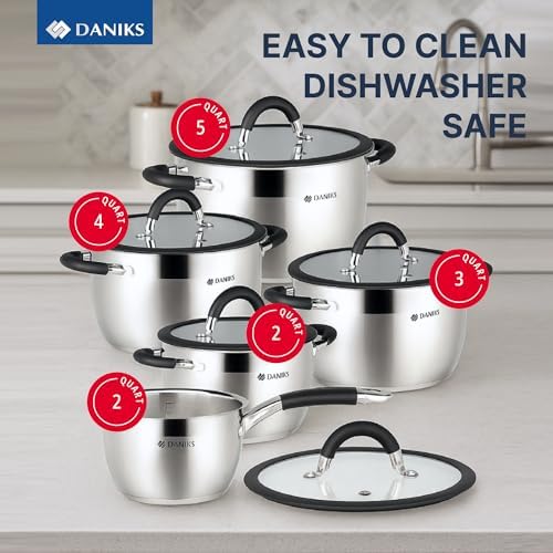 Daniks Orlando 10-Piece Stainless Steel Cookware Set with Glass Lids, Includes Saucepan, Tri-Ply Bases for Even Heating, Induction Compatible, Dishwasher Safe, Heatproof Handles