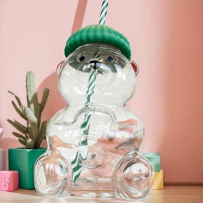 colonova Bear Cup 2025 New Teed Bear Straw Cup, Cute Bears Glass Cup