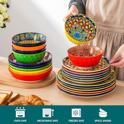 vancasso 24 Pieces Plates and Bowls Set, Bohemian Style Dinnerware Sets Service for 6, Porcelain Boho Dishes Set for Kitchen, Housewaring Gift, Dishwasher and Microwave Safe, Series KRVI