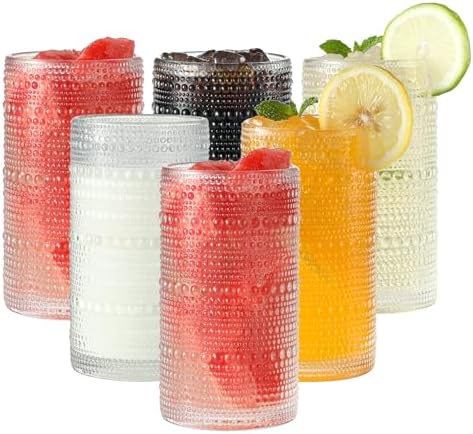 Vintage Hobnail Drinking Glasses Set of 6, 16 oz Large Capacity