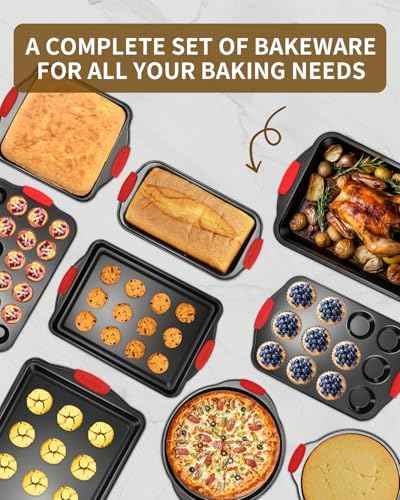 Baking Pans Set with Silicone Handles, 34 PCS Nonstick Bakeware Sets, Oven Pan Set Includes Baking Tray, Cookie Sheet, Cake Pans, Loaf Pan, Muffin Pan, Pizza Pan