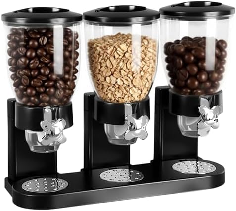 1 Pcs Triple Indispensable Dry Food Dispenser with Cup Black Cereal Storage Container 67oz Each Capacity for Kitchen Rice Nuts Cereal Snack Gumball Candy Dog Food
