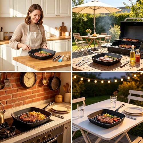 Cast Iron Grill Pan, 9.5" Square Griddle Skillet with Pour Spout, Oven Safe