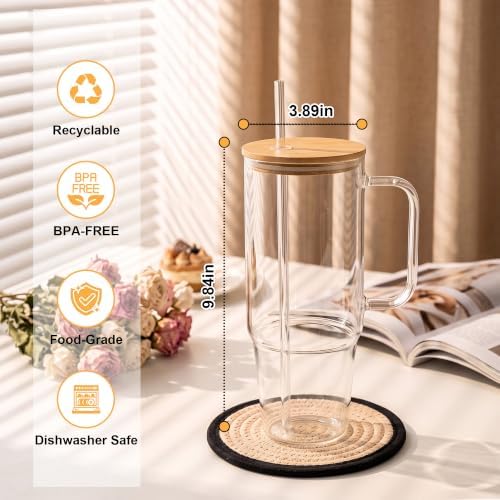 Glass Tumbler with Handle, 40 oz, 2 Pack, with Bamboo Lid
