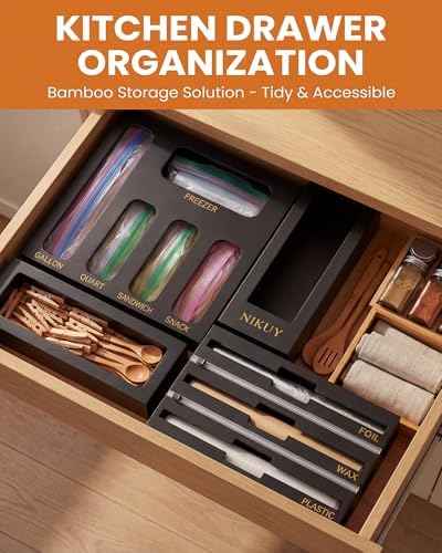 9 IN 1 Bamboo Foil and Plastic Wrap Organizer for Kitchen Drawer, Plastic Bag Organizer Organization and Storage, Food Storage Bag Organizer (BLACK)